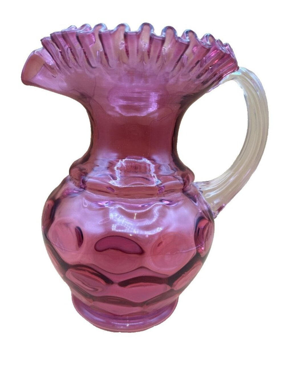 Fenton Cranberry Coin Dot Optic Art Glass Pitcher Ruffled Rim  Vintage 9in